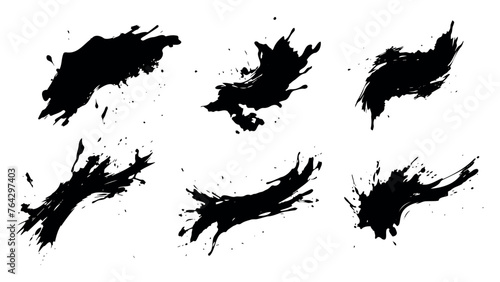 Black ink spots set isolated on white background. Set of black splashes. Vector illustration. Set of black ink splatters on transparent background. Grunge spray drop spatter, dirty blot splatters