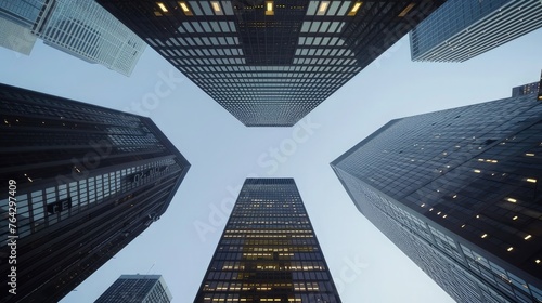 Low angle photo of skyscrapers in the financial district  corporate architecture  natural light.