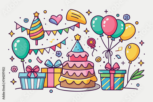 Set of Happy Birthday doodles. Sketch of Party decoration  gift box  cake  and party hats. Hand drawn vector illustration isolated on a white background