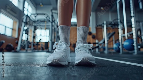 Close-up of female feet wearing light gray knitted socks and white sneakers. She is standing on the gym floor with sports equipment in the background, in the gym, low angle shot.