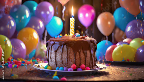 Um bolo de chocolate com cobertura e uma vela acesa, com balões coloridos ao fundo. Mesa decorada para festa. photo