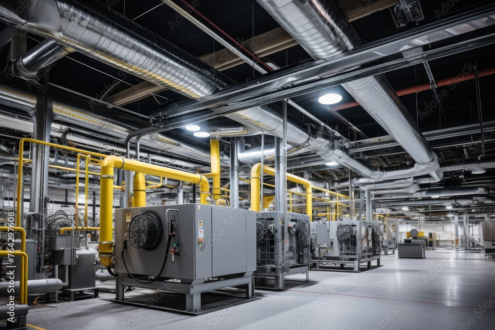 The complexity of an industrial HVAC unit is highlighted against the backdrop of a spacious warehouse The complexity of an industrial HVAC unit is highlighted against the backdrop of a spacious warehouse