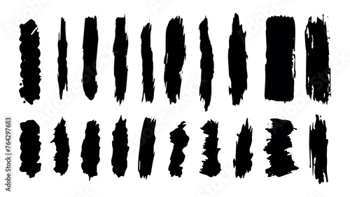 Set of grunge black paint brush strokes. Brush strokes collection isolated on white background for design. Grunge backdrop, trendy brush stroke for black ink paint. vector illustrator #764297683