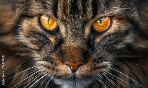 Close-up portrait of a Maine Coon cat showcasing its striking amber eyes