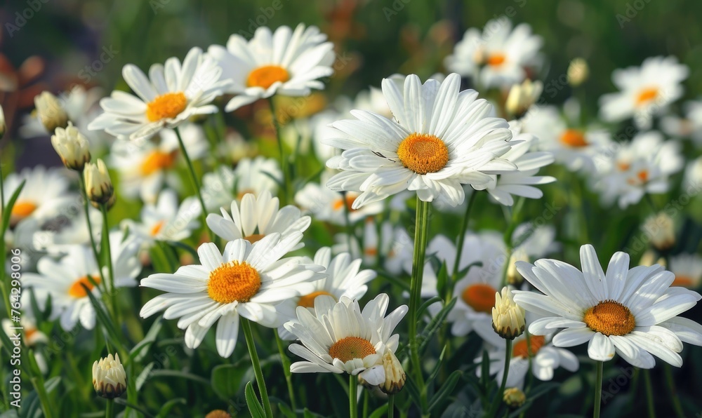 Fototapeta premium Daisies blooming in a garden, spring background