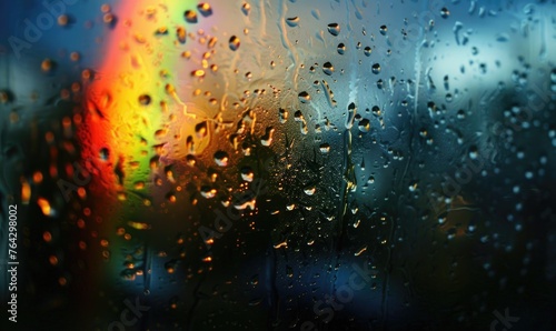 Colorful rainbow after spring rain, rainbow on dark cloudy sky