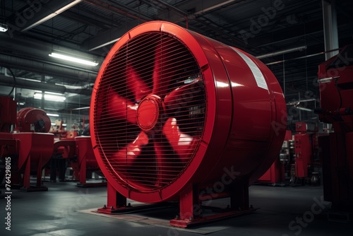 Vibrant red industrial blower fan sitting idle in a well-lit factory storage area