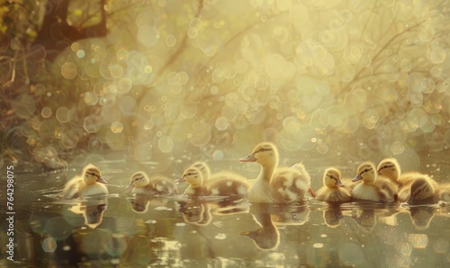 Ducklings swimming in a pond, close up view