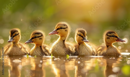 Ducklings swimming in a pond, close up view © TheoTheWizard