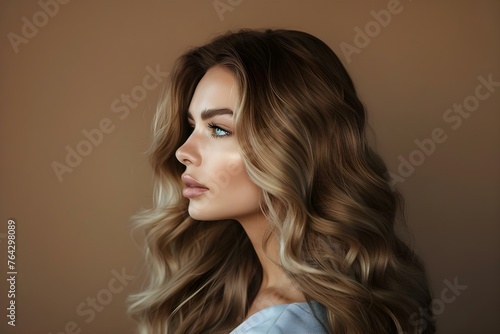 Woman With Balayage Hair On Brown Background. Concept Hair Styling, Beauty Trends, Brown Background, Balayage Hair, Female Model