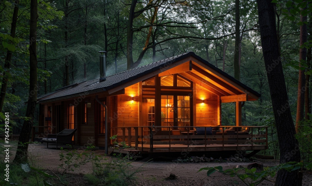 Evening glow illuminating the facade of a stylish wooden cabin nestled among blooming azaleas and rhododendrons in a spring garden Evening glow illuminating the facade of a stylish wooden cabin nestled among blooming azaleas and rhododendrons in a spring garden