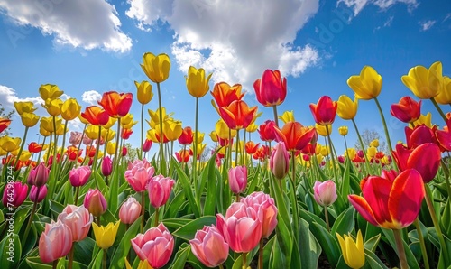 Field of vibrant tulips, spring nature, tulip background #764298244