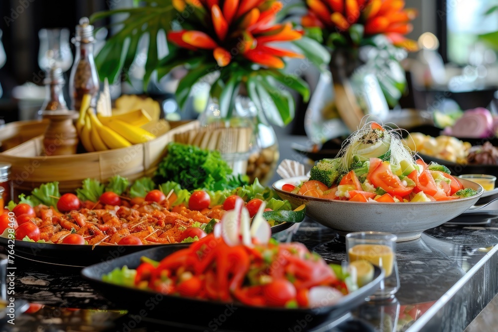 Colorful gourmet feast with exotic dishes and flowers.