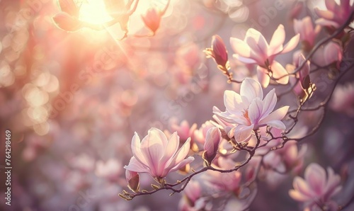 Magnolia blossoms illuminated by soft sunlight filtering through the trees