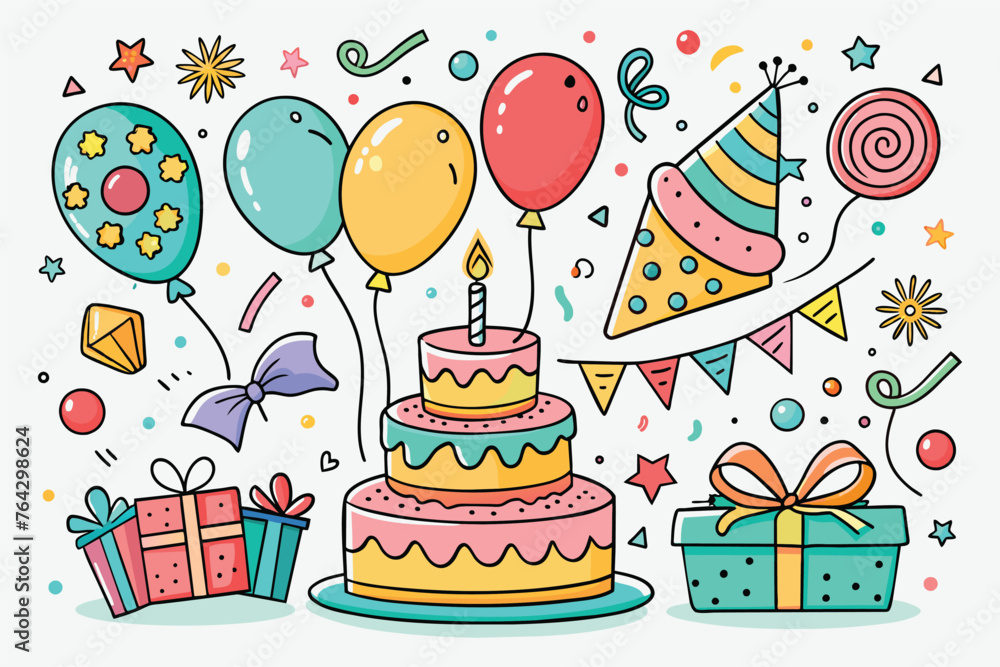 Cute hand drawn birthday set. Trendy holiday elements, party decoration, cupcakes, candles, gifts, balloons, party hat. Happy Birthday clipart collection for kid. Symbol of celebration, anniversary
Cute hand drawn birthday set. Trendy holiday elements, party decoration, cupcakes, candles, gifts, balloons, party hat. Happy Birthday clipart collection for kid. Symbol of celebration, anniversary