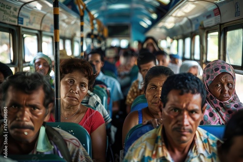 Crowded bus journey, passengers close together, diverse attire.