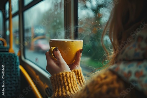 Drinking in bus a warm cup of tea on rainy day.