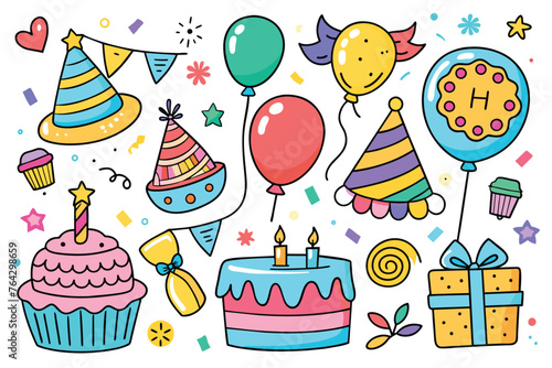 Cute hand drawn birthday set. Trendy holiday elements, party decoration, cupcakes, candles, gifts, balloons, party hat. Happy Birthday clipart collection for kid. Symbol of celebration, anniversary 