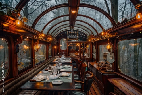 Serene forest view dining in train carriage.