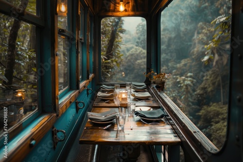 Serene forest view dining in train carriage.
