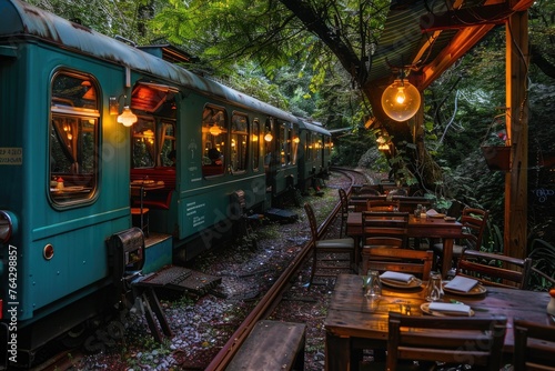 Vintage train dining in lush green forest.