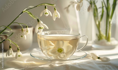 White tea and snowdrops flower closeup