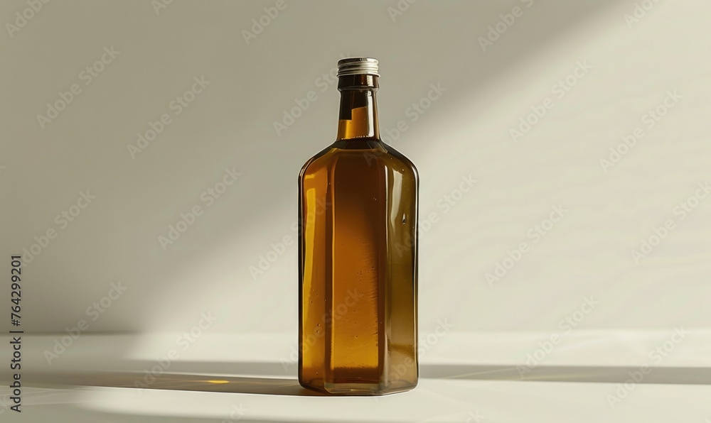 Studio shot of an amber glass bottle mockup filled with rich and aromatic cold-pressed olive oil Studio shot of an amber glass bottle mockup filled with rich and aromatic cold-pressed olive oil