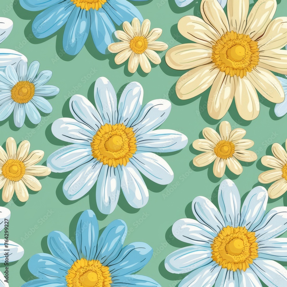 Seamless pattern with white, yellow, rose and blue  flowers on a green background. Pastel colors