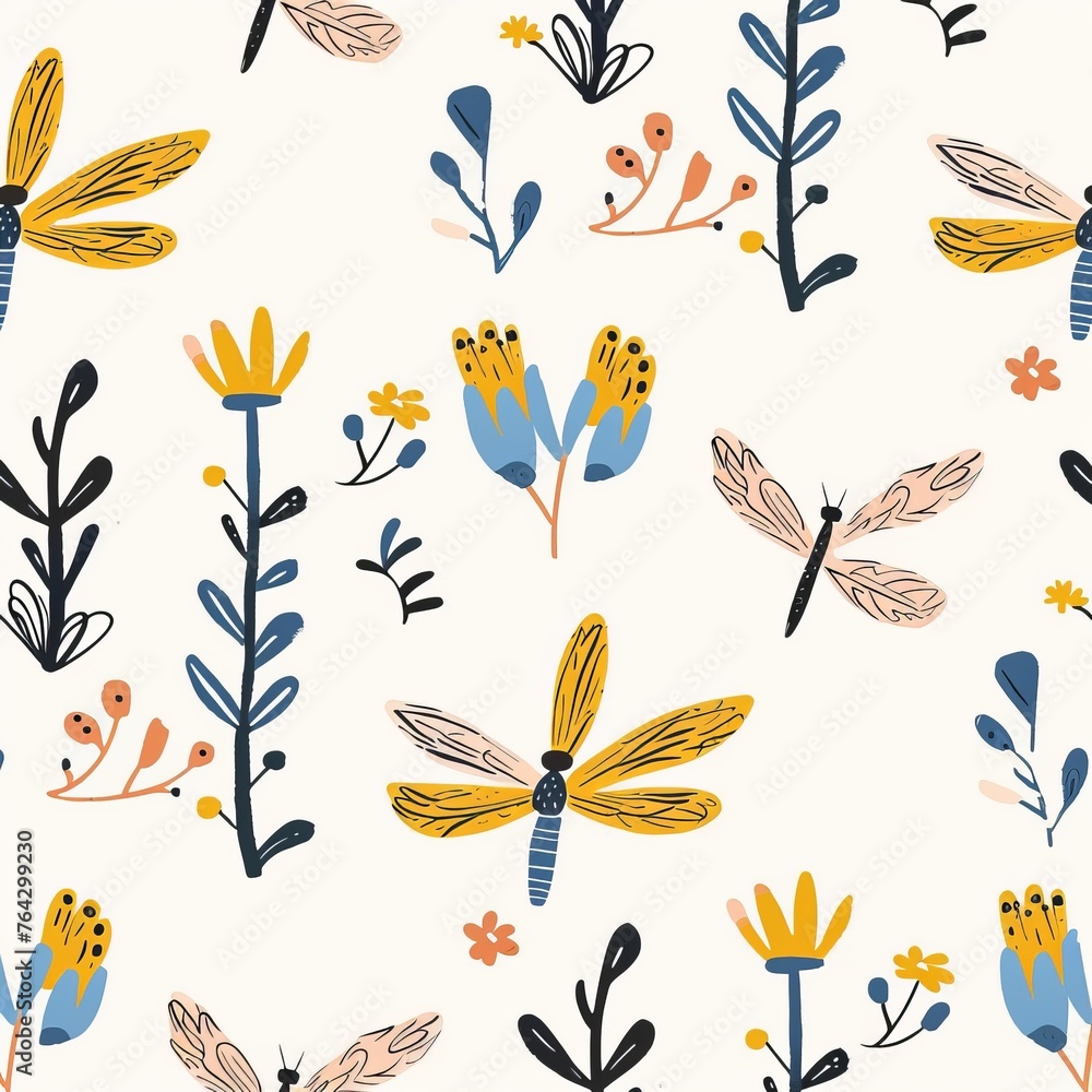 Seamless pattern with flat illustration of dragonfly, minimalism Seamless pattern with flat illustration of dragonfly, minimalism