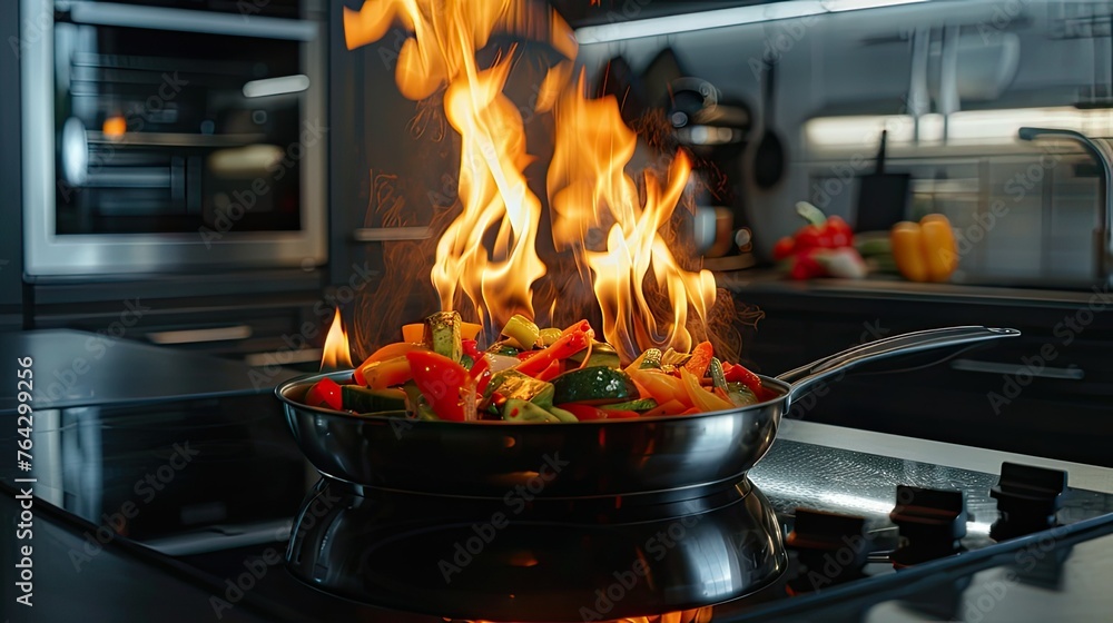 Frying vegetables in an empty stainless steel frying pan on the stove of a modern kitchen with black furniture and sleek silver appliances. The cooking flames create a dynamic scene. Frying vegetables in an empty stainless steel frying pan on the stove of a modern kitchen with black furniture and sleek silver appliances. The cooking flames create a dynamic scene.