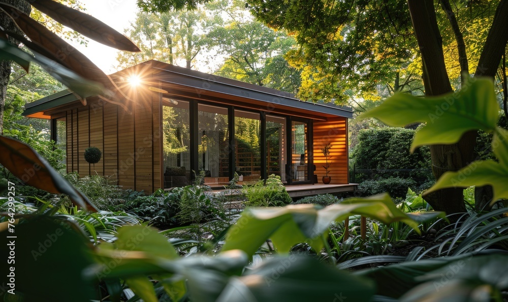 Sunlight filtering through lush foliage onto the exterior of a modern wooden cabin in a tranquil spring garden