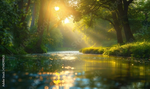 Sunlight filtering through the trees onto a serene spring river