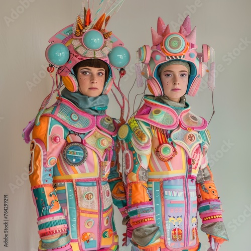 twins dressed up in crazy, wild, weird Electric Power. glow matching costumes. clean aesthetic, fashion crazy image 