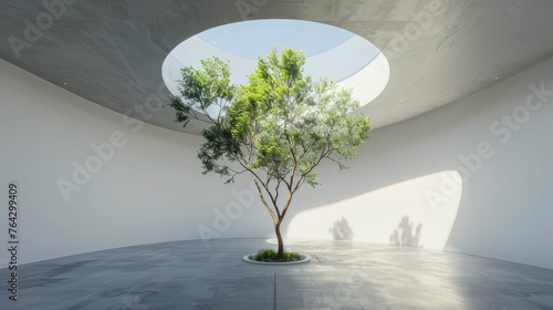 Tree growing in the center of an empty room with white walls and a large round ceiling window  done in a hyper-realistic style with daylight