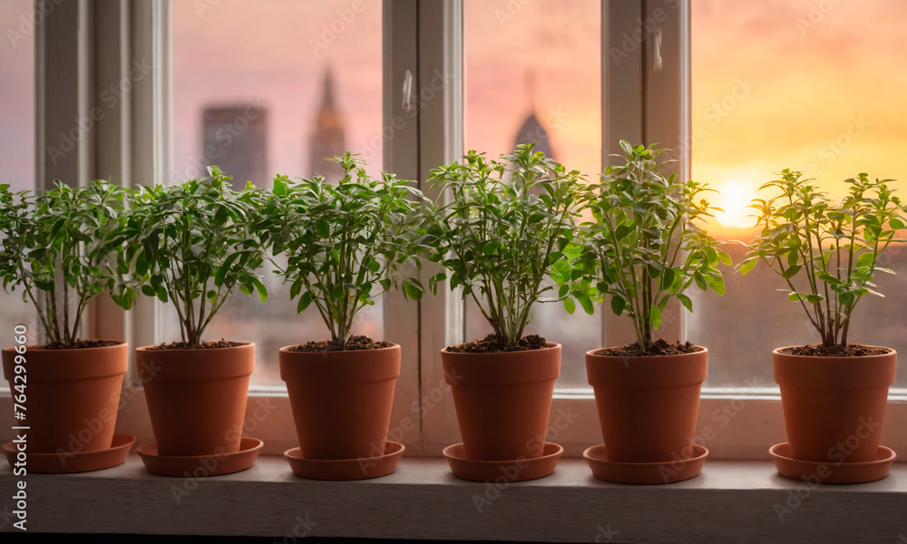 A row of various potted plants is neatly arranged on the window sill. The plants are thriving under the natural light, adding a touch of greenery to the interior space.