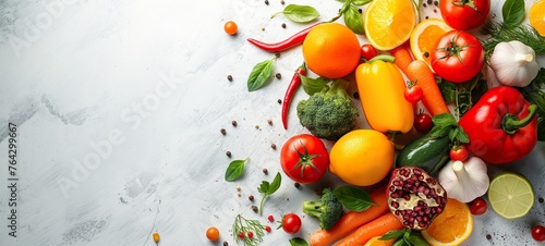 Healthy food organic background Colorful display of organic ingredients including basil, tomatoes, and citrus, perfect for healthy food commercial use © TEERAPONG