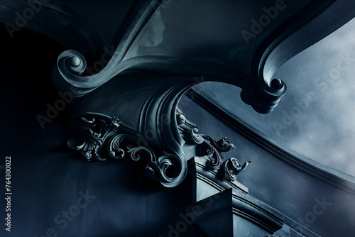 Architectural design detail of ornamental architectural detail, in a dreamy nightmarish dark hour inspired style, dark, French, baroque, flowers, smoke and mist, cloudy, impressionistic photo