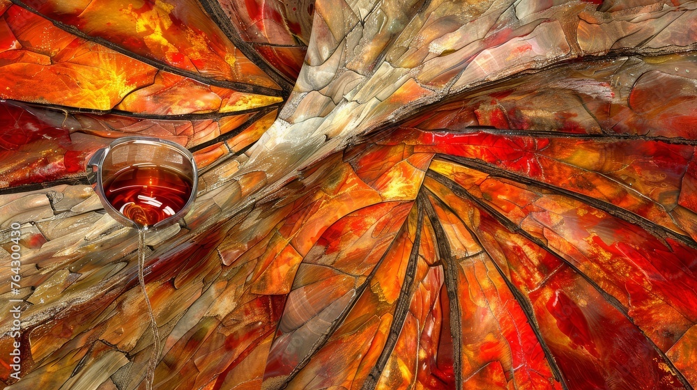 a wine glass sitting on top of a table next to a painting of a dragon's wings and flames.