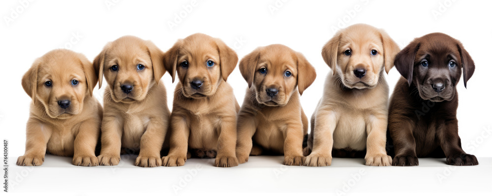 Obraz premium Puppies with blank signs hiding their faces on white background.