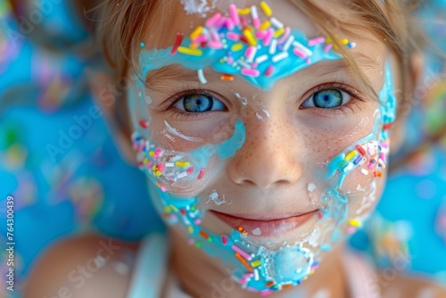 Child with blue eyes and face smeared with ice cream and sprinkles