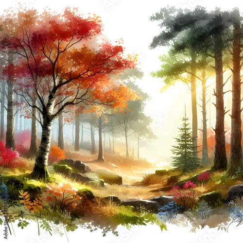 watercolor painting of fall colored tree, fall landscape painting © XIAOBING