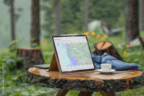  Outdoor, camping, simple wooden table with tablet map on display and coffee, forest in background, copy space