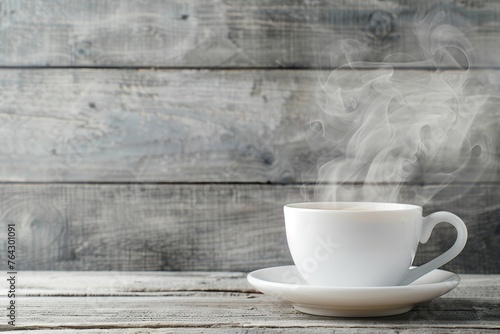 Cup of tea with steam on wooden table