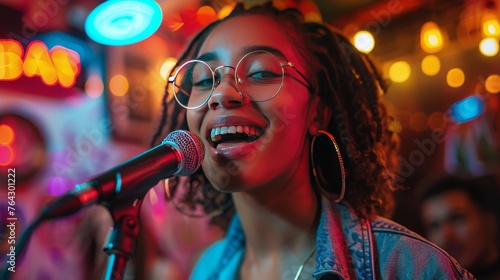 Woman Singing Into Microphone Before Audience