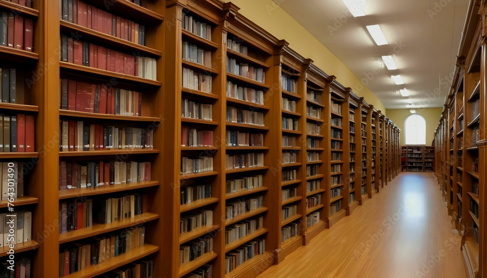 Rows of bookcases in the public library for world book day created with generative ai