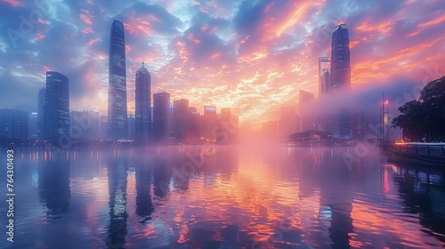 Sun Setting Over City Water