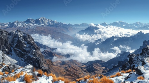 Snow-Covered Mountain Range in Clouds