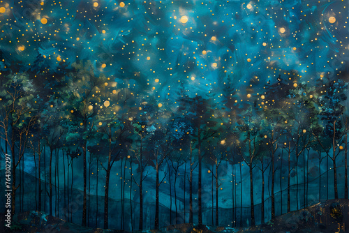 Twilight Frolic: Fireflies Dancing on a Canvas of Forest Green and Twilight Blue