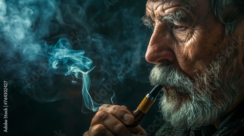 Elderly man pensively smoking pipe in moody lighting photo