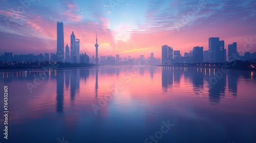 Sun Setting Over City Water